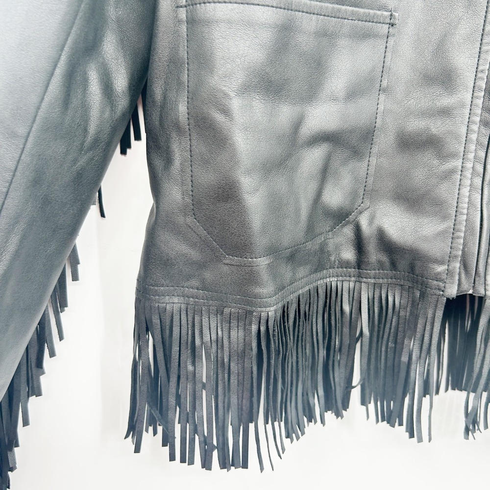 Topshop Womens Black Faux Leather Fringe Western Boho Moto Jacket Size 8 - Picture 5 of 10